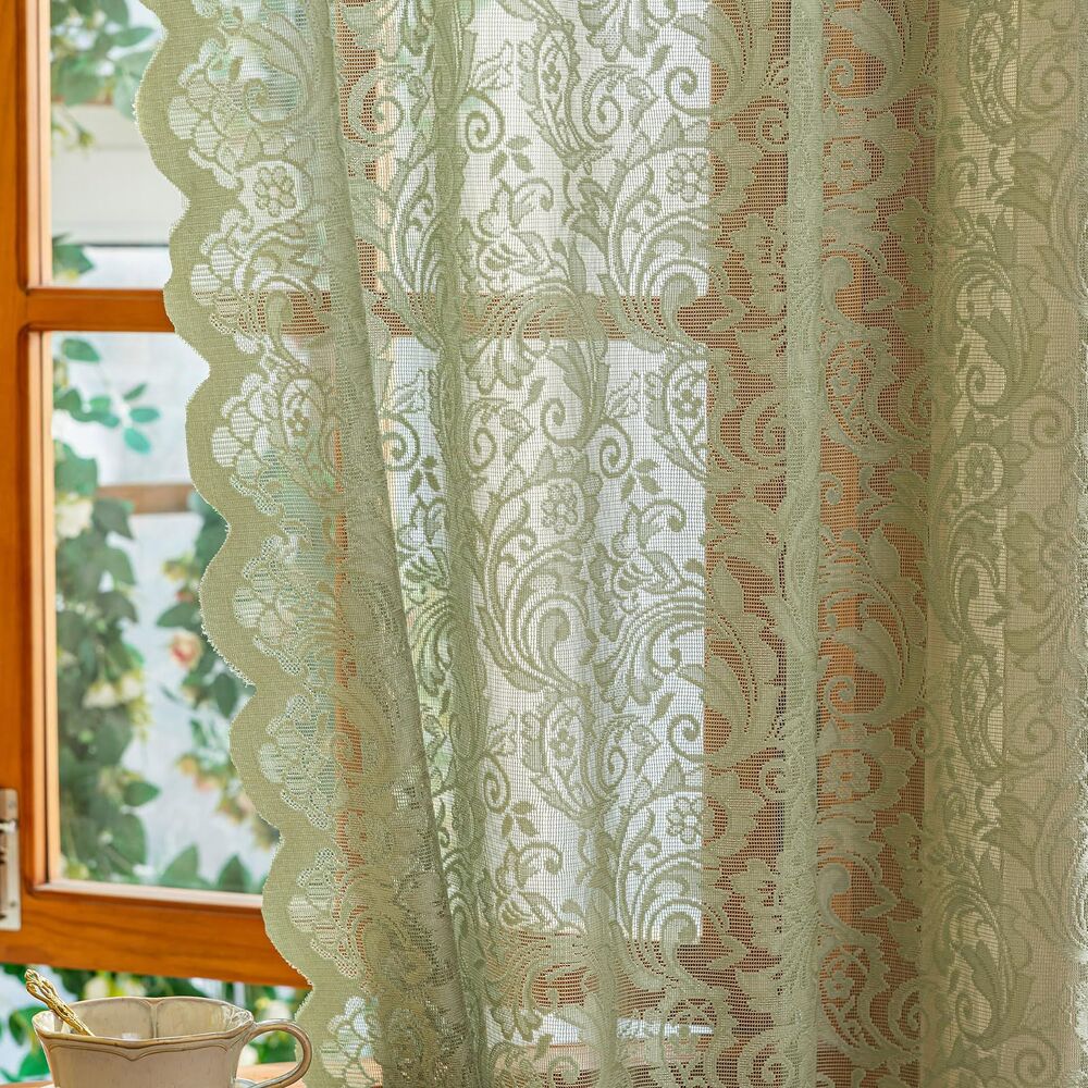 Set of 2 Curtain Panels, 52 x 45 Inch, Sage Green Lace Curtains